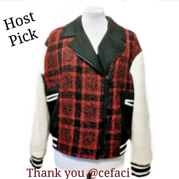 Rehab Jackets & Blazers - Rehab Moto Jacket Quilted Sleeve Red & Black Plaid